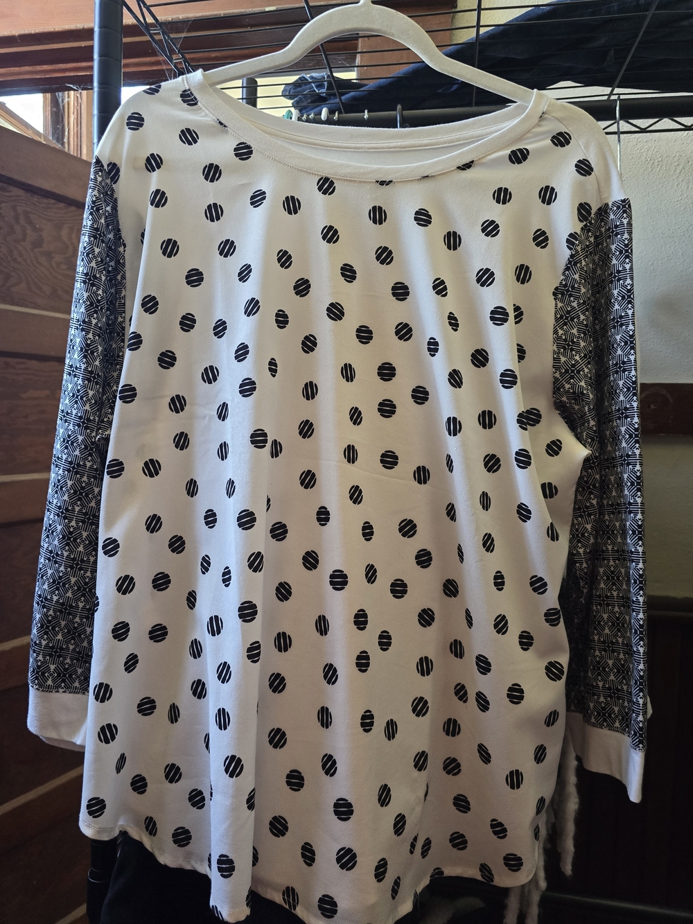 Van Heusen White Top with Black Polka Dots and Patterned Sleeves